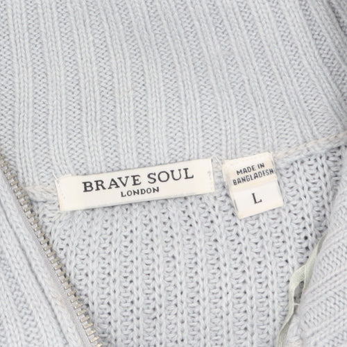 Brave Soul Women’s Grey Striped High Neck Half Zip Chunky Knit Jumper L