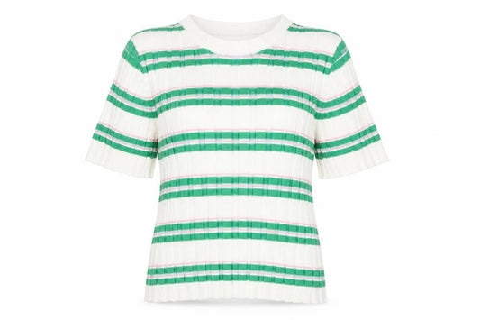 Front view of ASOS DESIGN Women’s White Green Striped Short Sleeve Knit T-Shirt, size UK 4