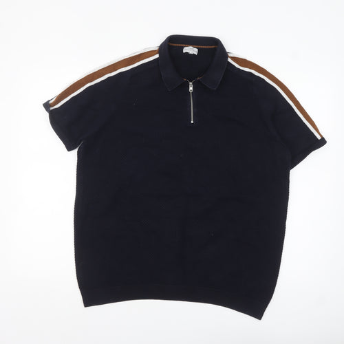 Next Men's Navy Short Sleeve Zip Polo Shirt XL Cotton