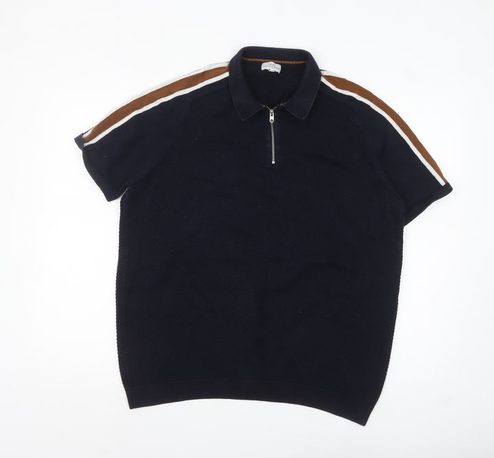 Next Men's Navy Short Sleeve Zip Polo Shirt XL Cotton