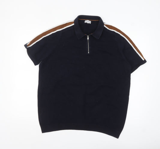 Next Men's Navy Short Sleeve Zip Polo Shirt XL Cotton