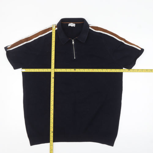 Next Men's Navy Short Sleeve Zip Polo Shirt XL Cotton