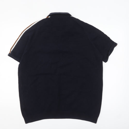 Next Men's Navy Short Sleeve Zip Polo Shirt XL Cotton
