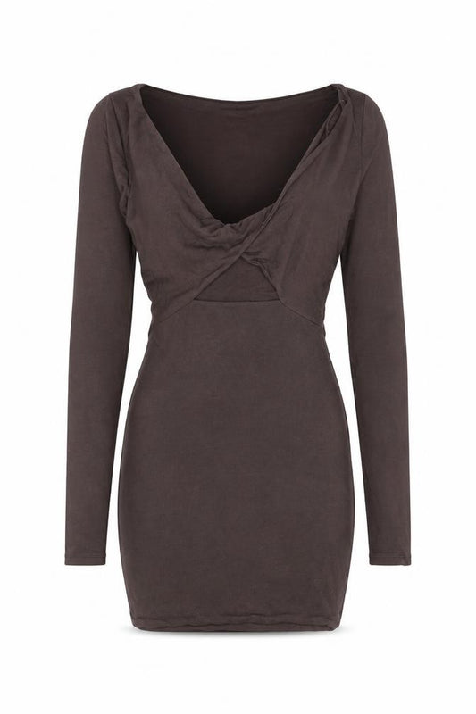 Front view of Oh Polly Women’s Brown Long Sleeve Bodycon Mini Dress, size UK 4