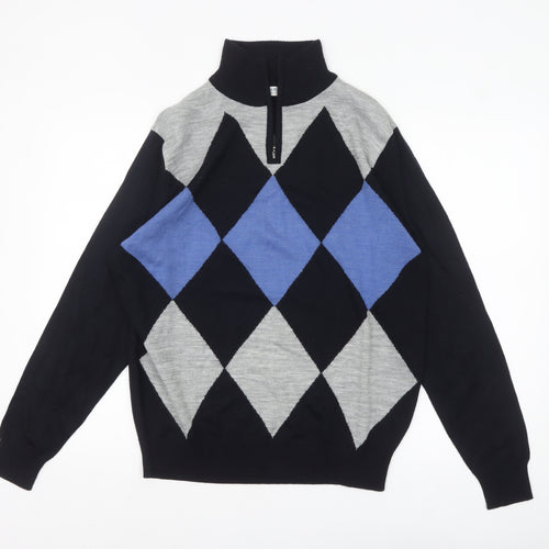 BONO BONO Uomo Men's XL Black Grey Blue Argyle 1/2 Zip Wool Jumper