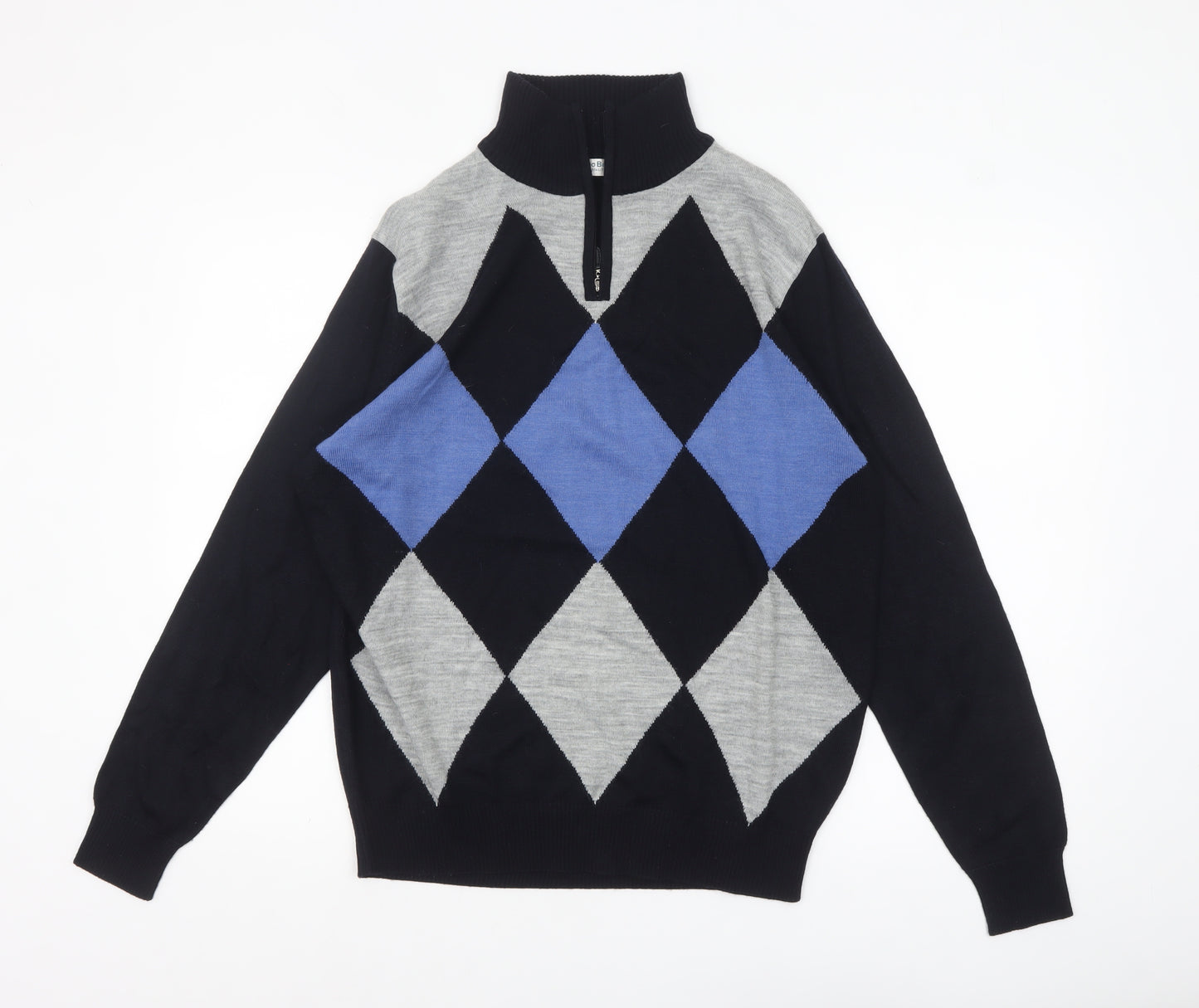 BONO BONO Uomo Men's XL Black Grey Blue Argyle 1/2 Zip Wool Jumper