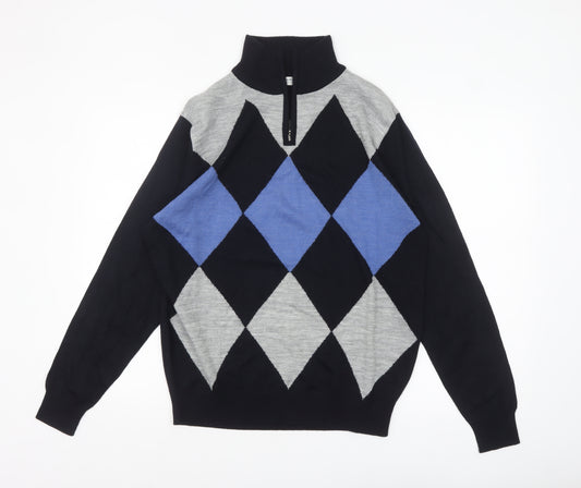 BONO BONO Uomo Men's XL Black Grey Blue Argyle 1/2 Zip Wool Jumper