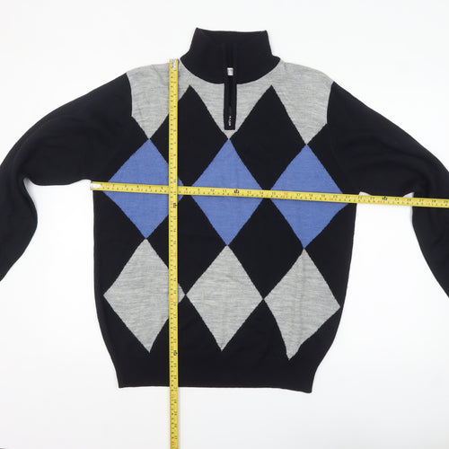 BONO BONO Uomo Men's XL Black Grey Blue Argyle 1/2 Zip Wool Jumper