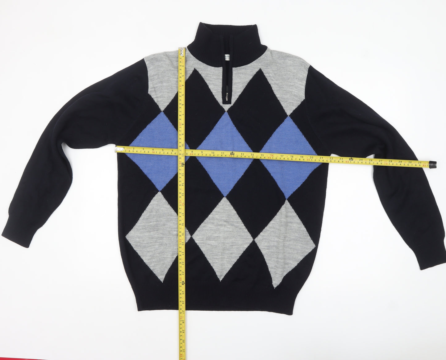 BONO BONO Uomo Men's XL Black Grey Blue Argyle 1/2 Zip Wool Jumper