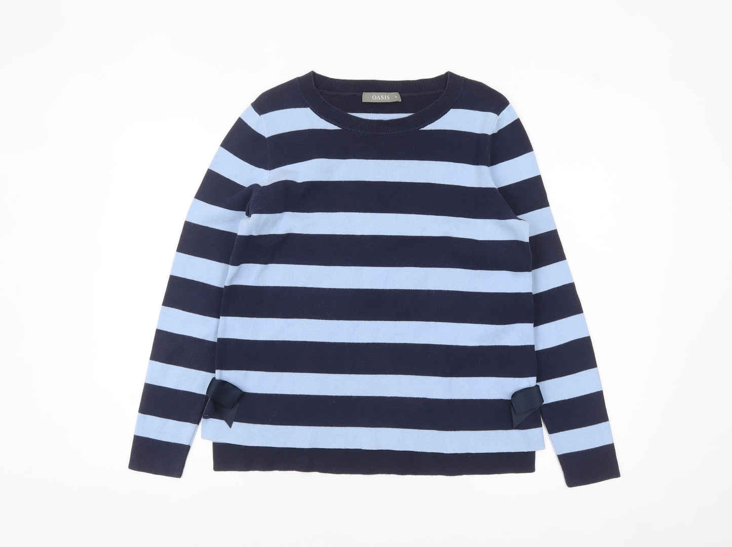 Oasis Womens Blue Striped Bow Detail Cotton Knit Jumper M
