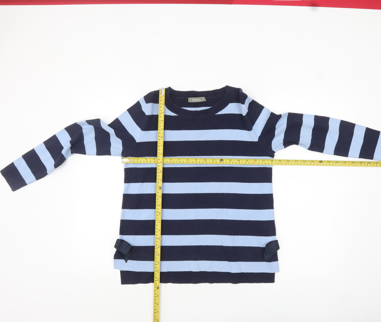 Oasis Womens Blue Striped Bow Detail Cotton Knit Jumper M