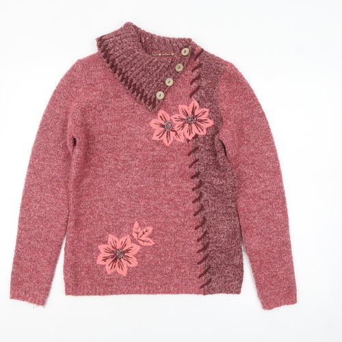 Joe Browns Women Pink Floral High Neck Chunky Knit Jumper UK 10
