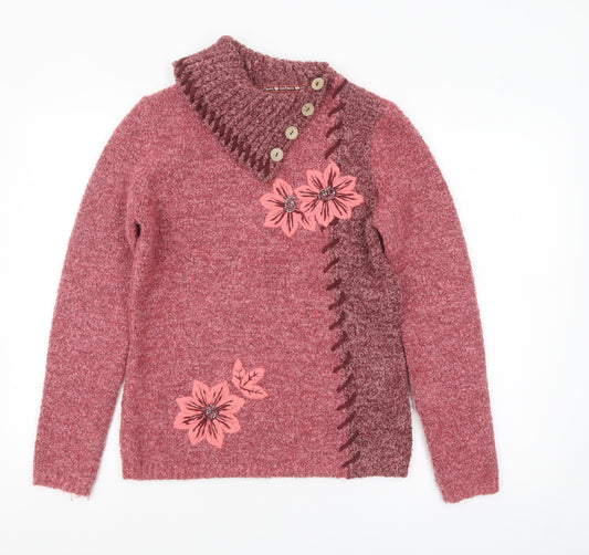 Joe Browns Women Pink Floral High Neck Chunky Knit Jumper UK 10
