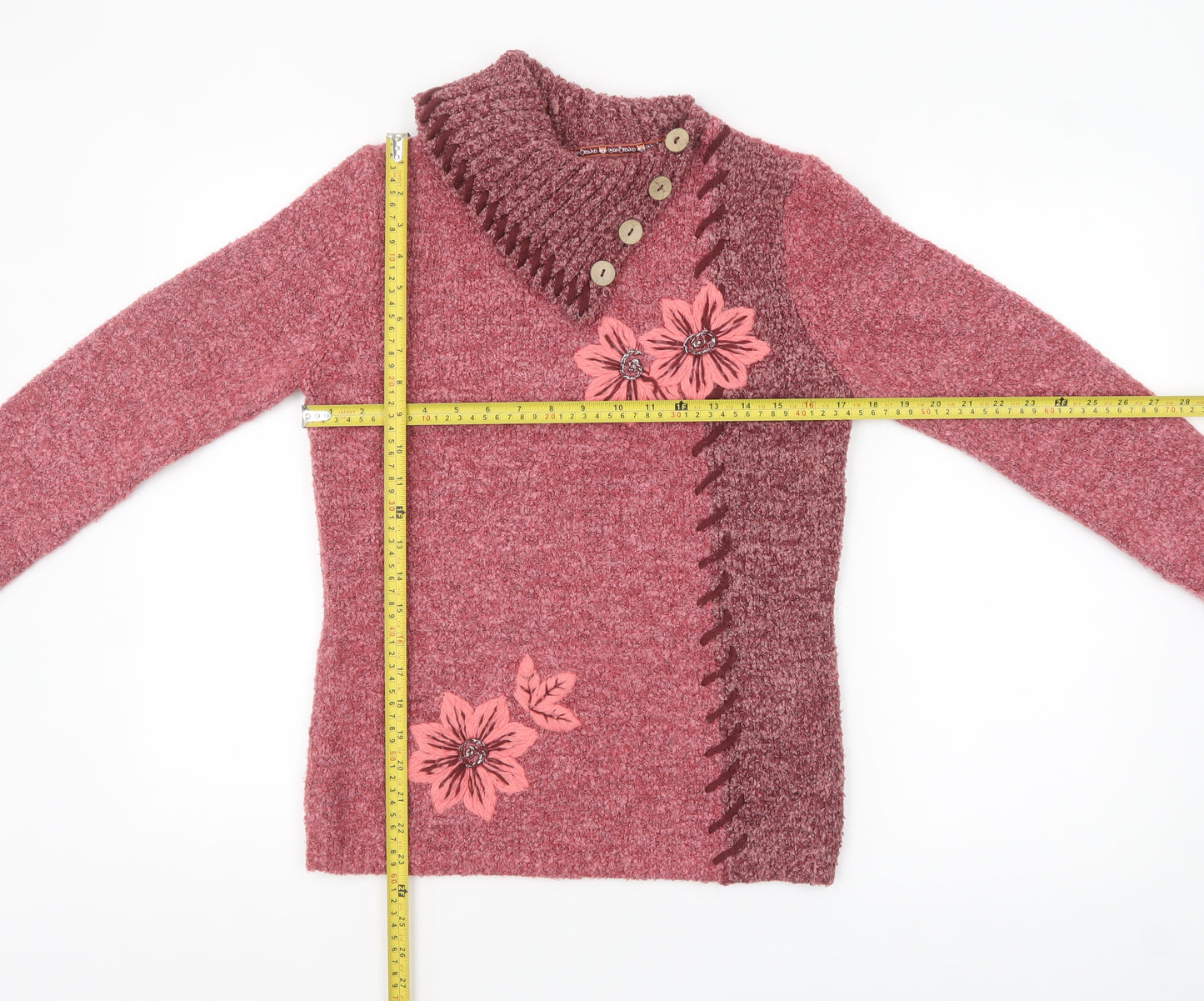 Joe Browns Women Pink Floral High Neck Chunky Knit Jumper UK 10