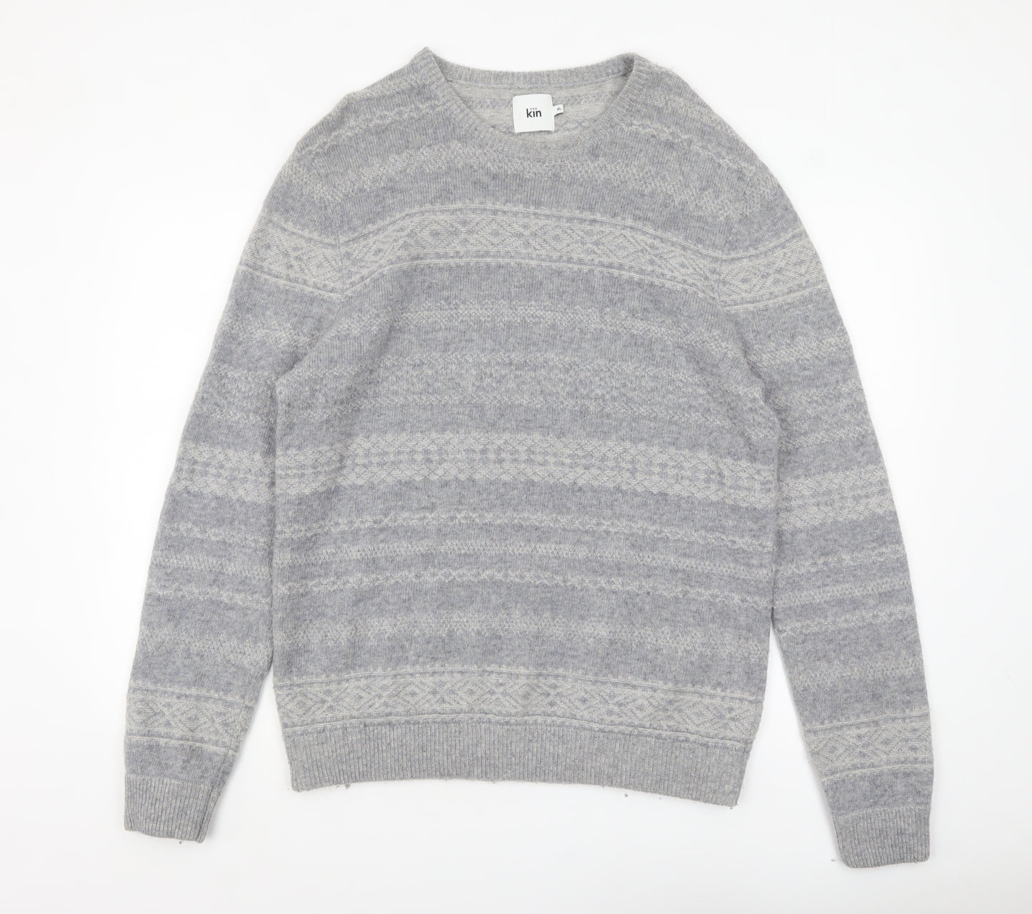 Kin Men's Grey Fair Isle Wool Blend Pullover Jumper XL