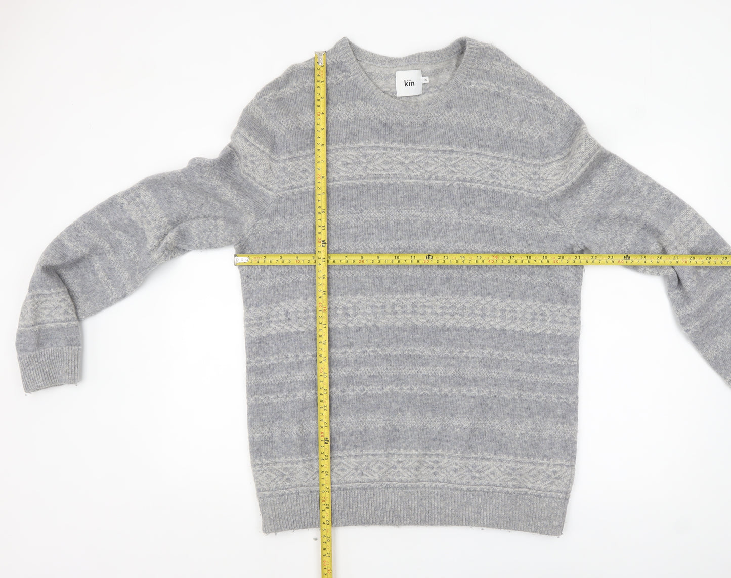 Kin Men's Grey Fair Isle Wool Blend Pullover Jumper XL