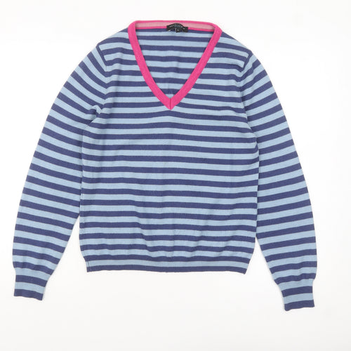 Betty Jackson Studio Women's Blue Striped V-Neck Jumper L