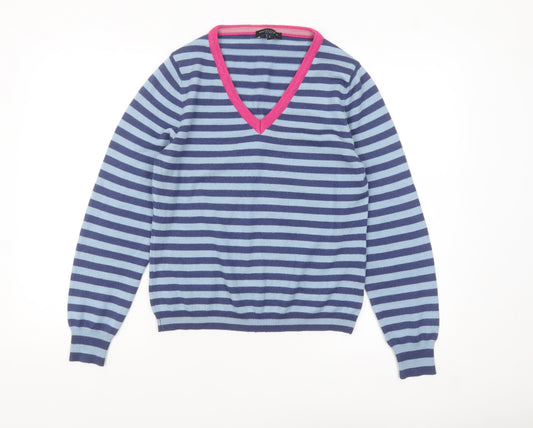 Betty Jackson Studio Women's Blue Striped V-Neck Jumper L