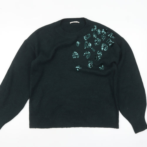 Tu Women's Green Sequin Animal Print Crew Neck Jumper Size 8