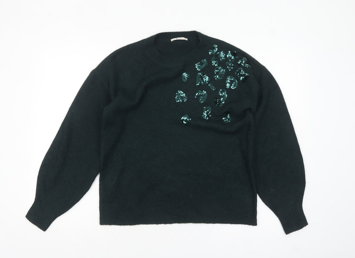 Tu Women's Green Sequin Animal Print Crew Neck Jumper Size 8