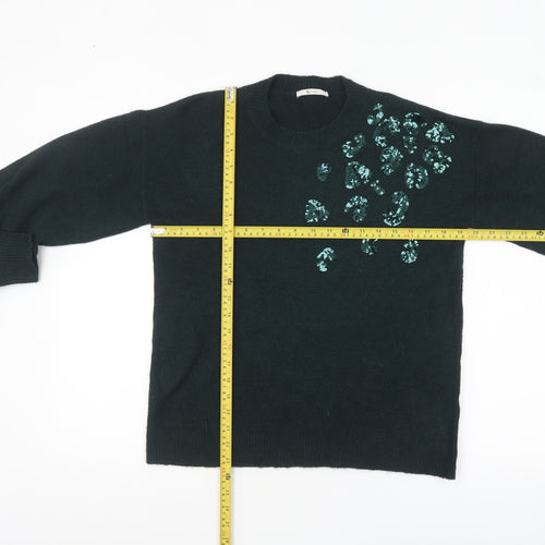Tu Women's Green Sequin Animal Print Crew Neck Jumper Size 8