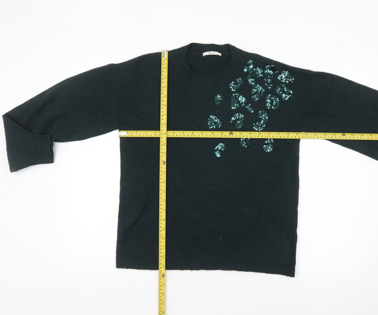 Tu Women's Green Sequin Animal Print Crew Neck Jumper Size 8