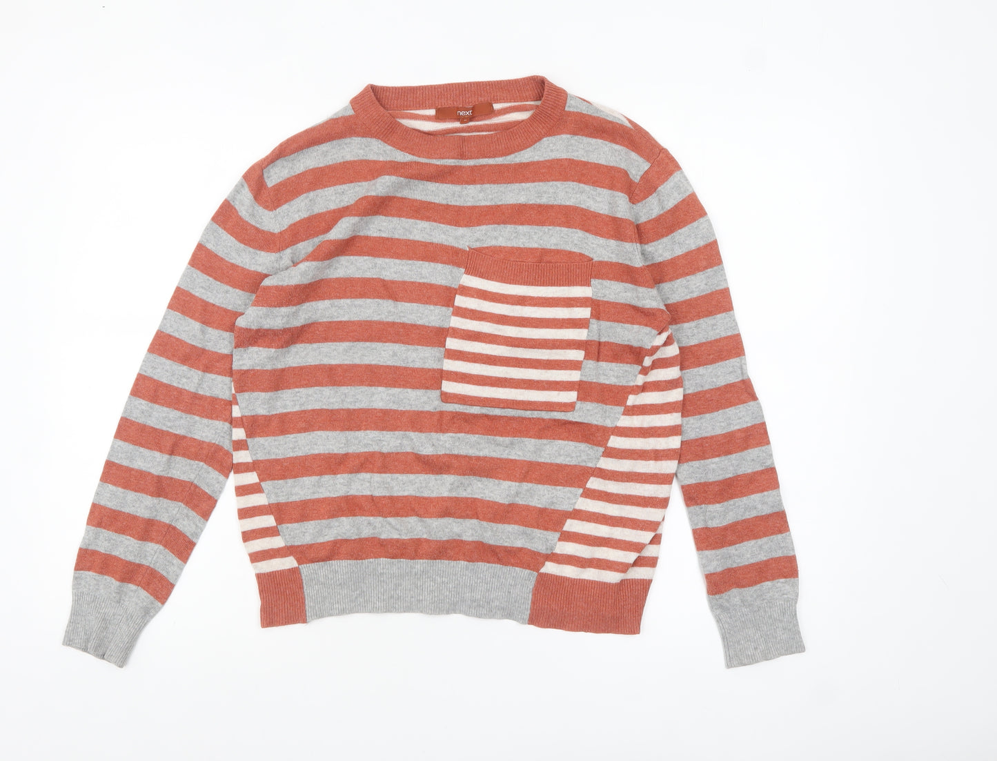 Next Women's Grey & Orange Striped Jumper UK 10 Crew Neck Wool Blend