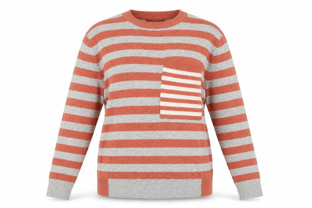 Front view of Next Women's Grey & Orange Striped Jumper UK 10 Crew Neck Wool Blend