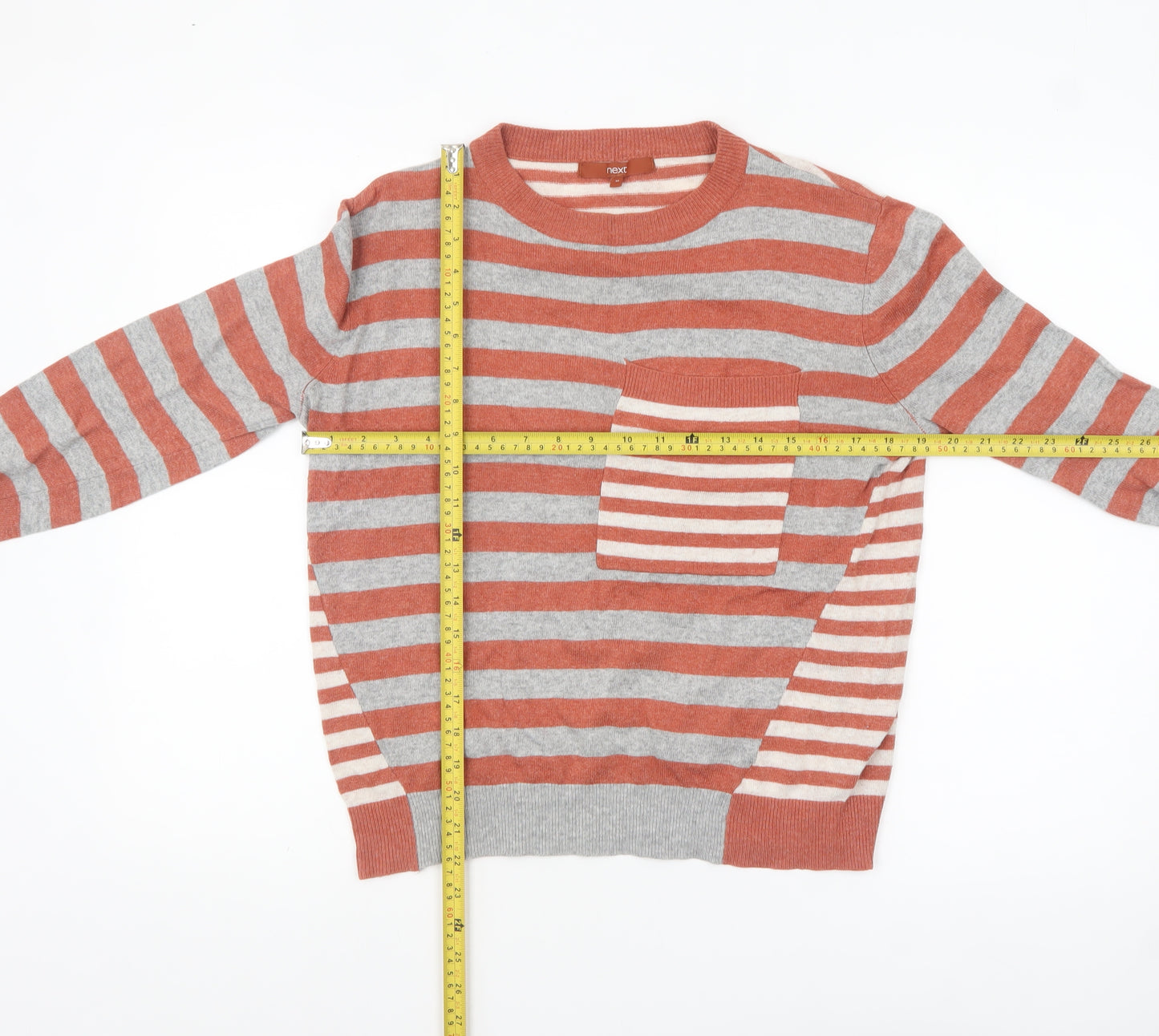 Next Women's Grey & Orange Striped Jumper UK 10 Crew Neck Wool Blend