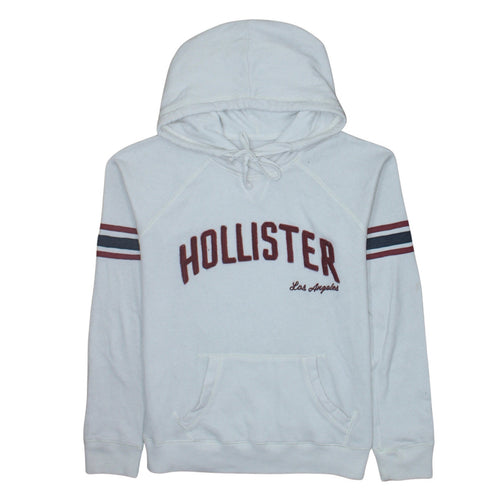 Hollister Men White Pullover Hoodie L Embroidered Logo Fleece