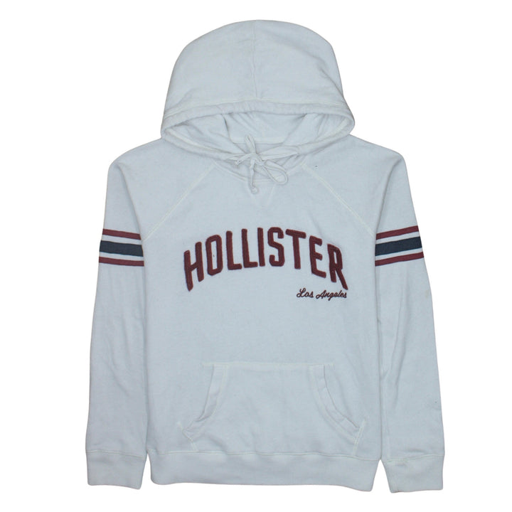 Hollister Men White Pullover Hoodie L Embroidered Logo Fleece