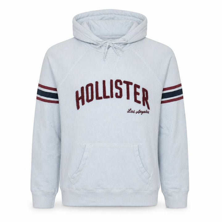 Hollister Men White Pullover Hoodie L Embroidered Logo Fleece
