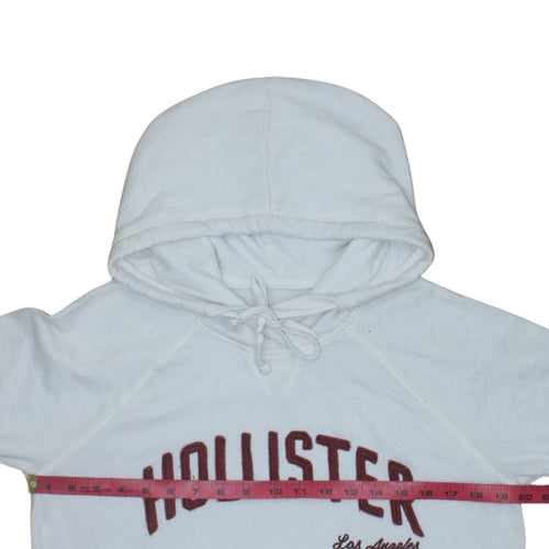 Hollister Men White Pullover Hoodie L Embroidered Logo Fleece