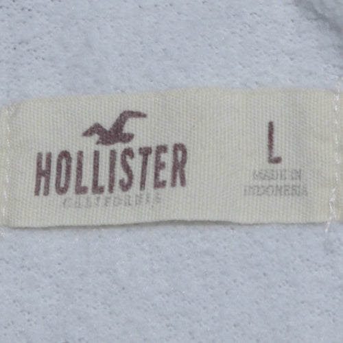 Hollister Men White Pullover Hoodie L Embroidered Logo Fleece
