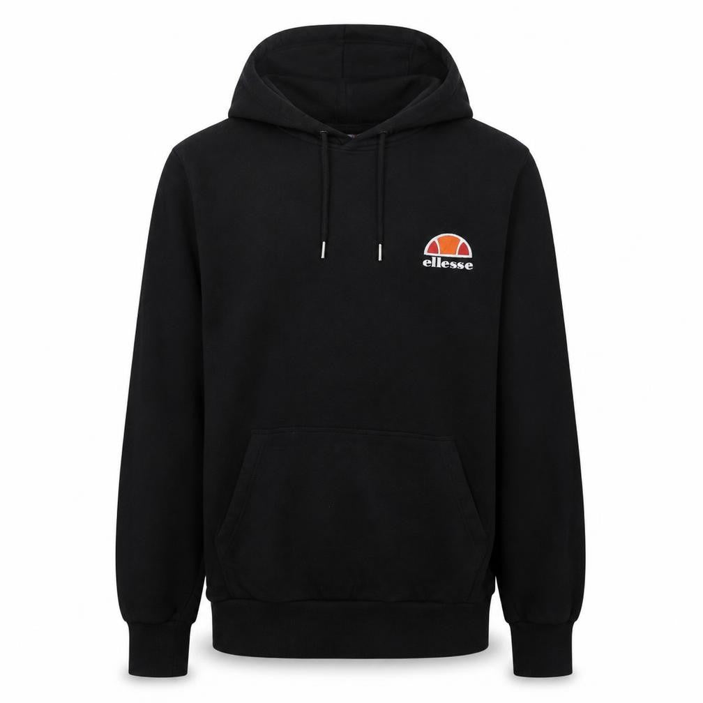 Front view of Ellesse Men's Black Pullover Hoodie Small Sports Logo Sweatshirt