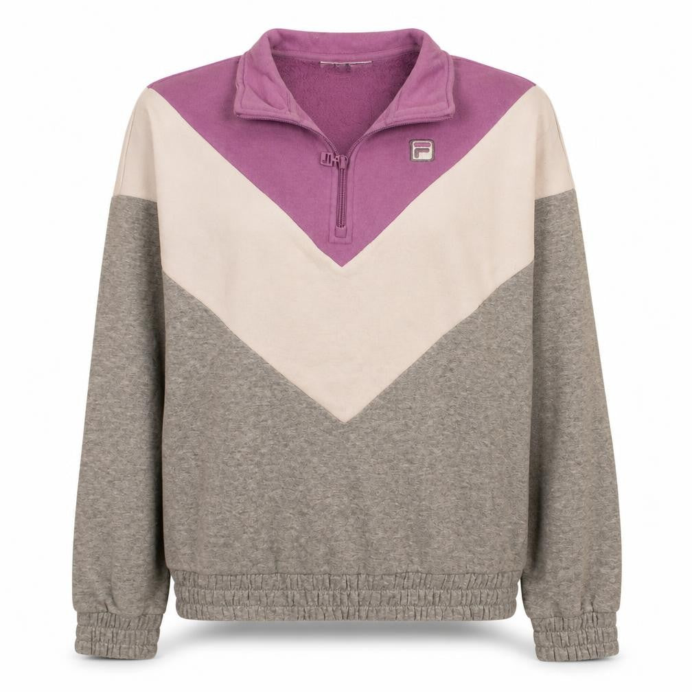 Front view of Fila women’s grey purple 1/4 zip colourblock sweatshirt, size S