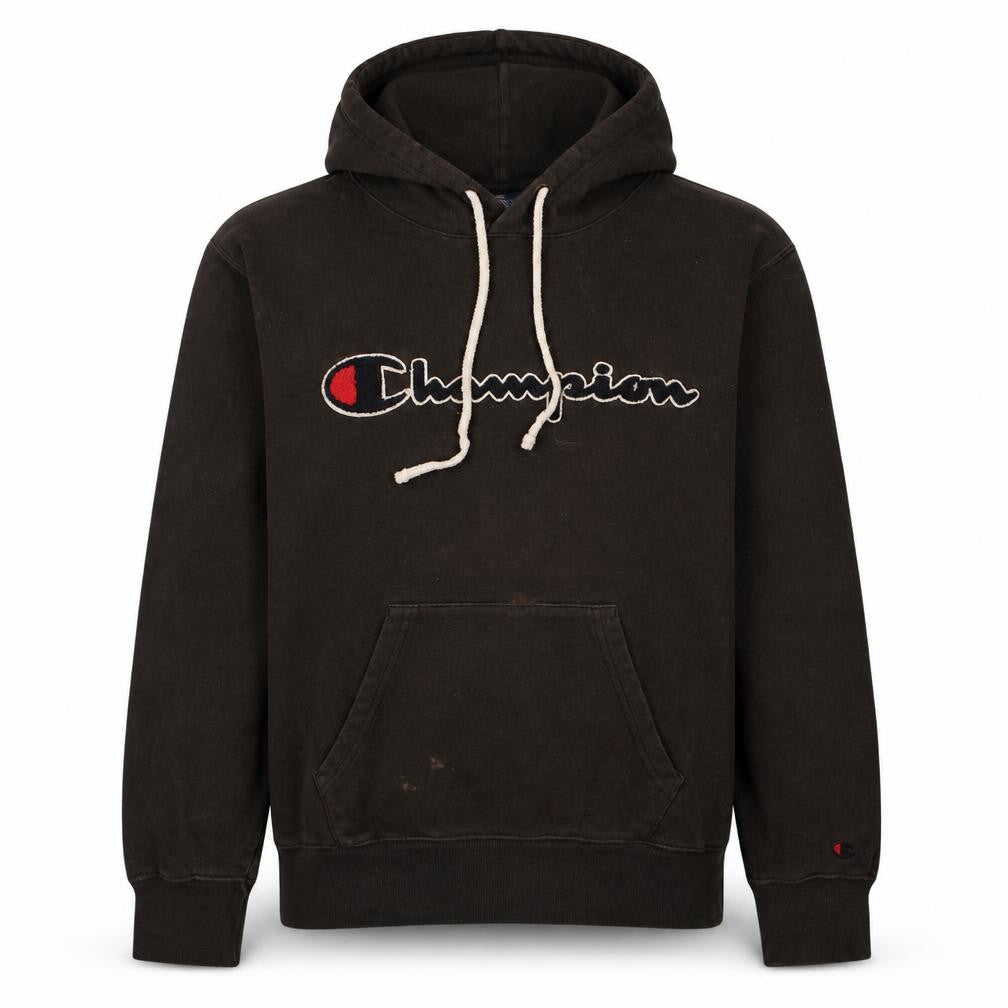 Front view of Champion Men's Brown Pullover Hoodie Small Logo Fleece Sweatshirt