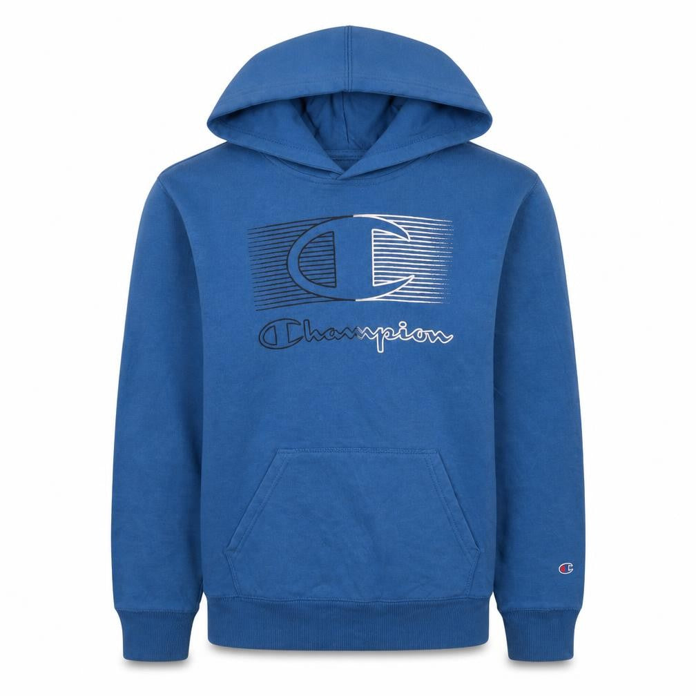 Front view of Champion boys’ blue pullover hoodie, size 14-16, cotton blend logo sweatshirt