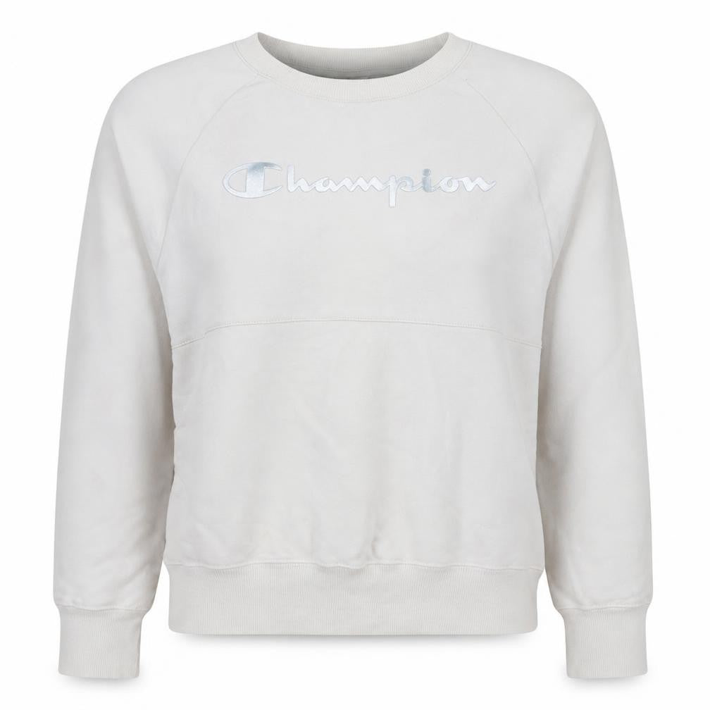 Front view of Champion Women's White Small Pullover Sweatshirt Cotton Logo Crew Neck