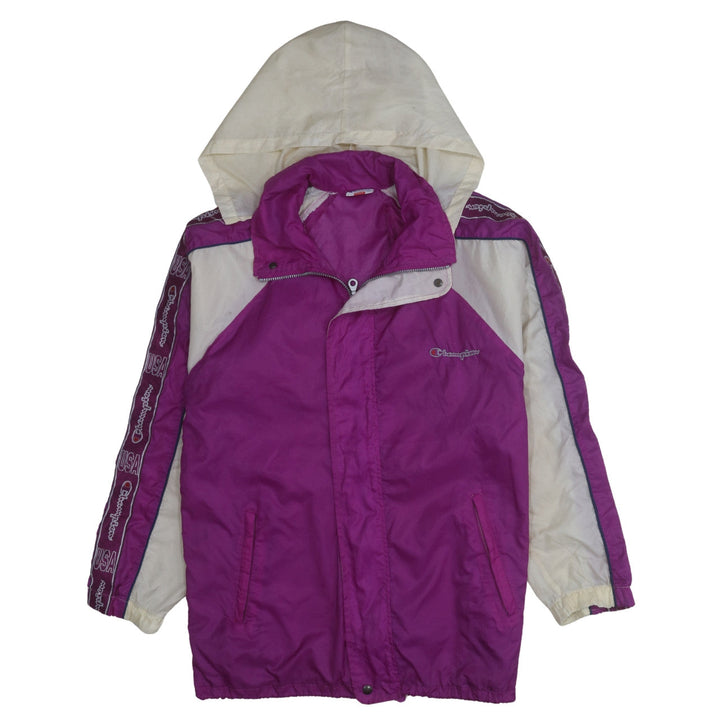 Champion USA Women’s Purple Windbreaker Jacket Size M Retro Hooded Zip Up