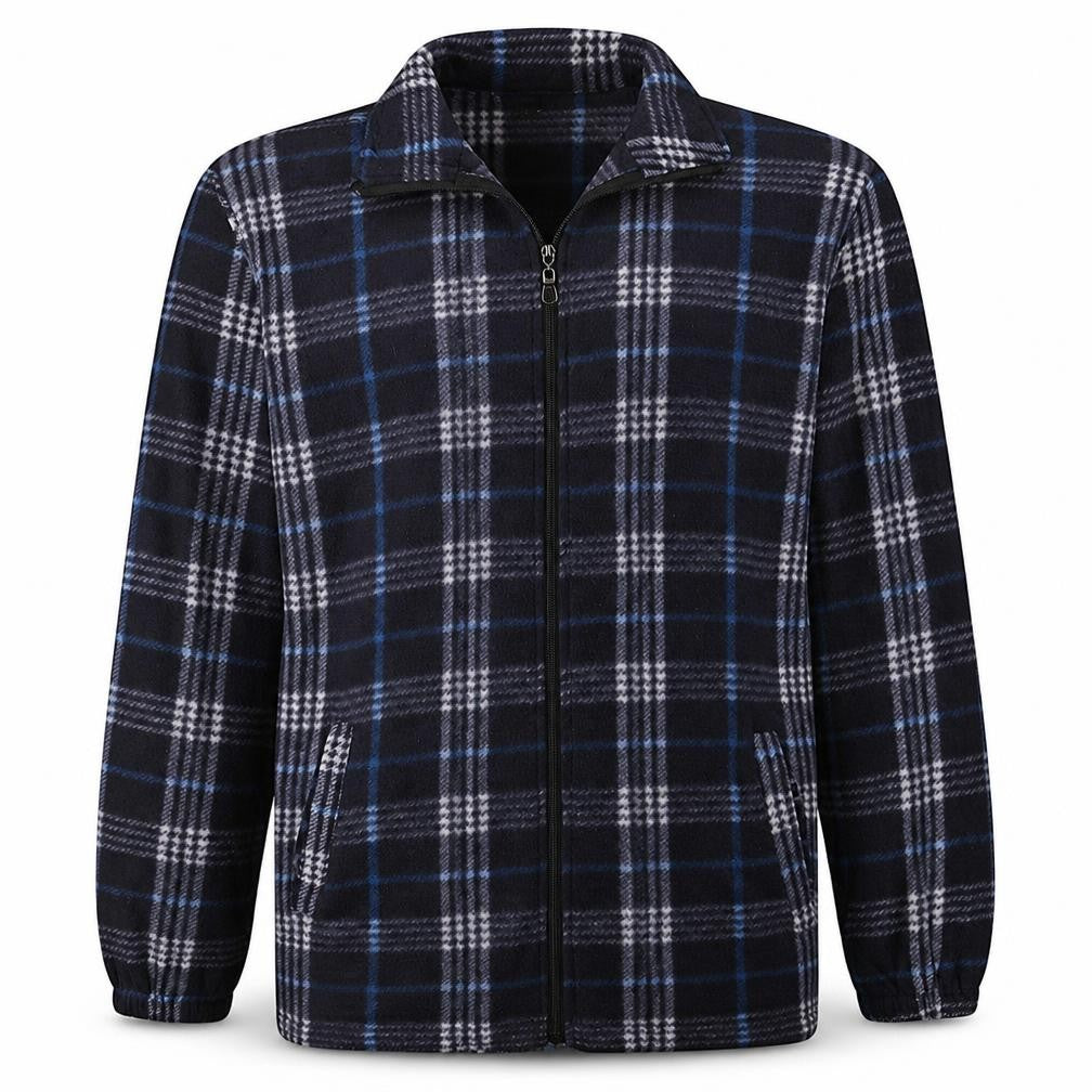 Front view of OHMYS men’s blue check fleece zip up jacket, size L