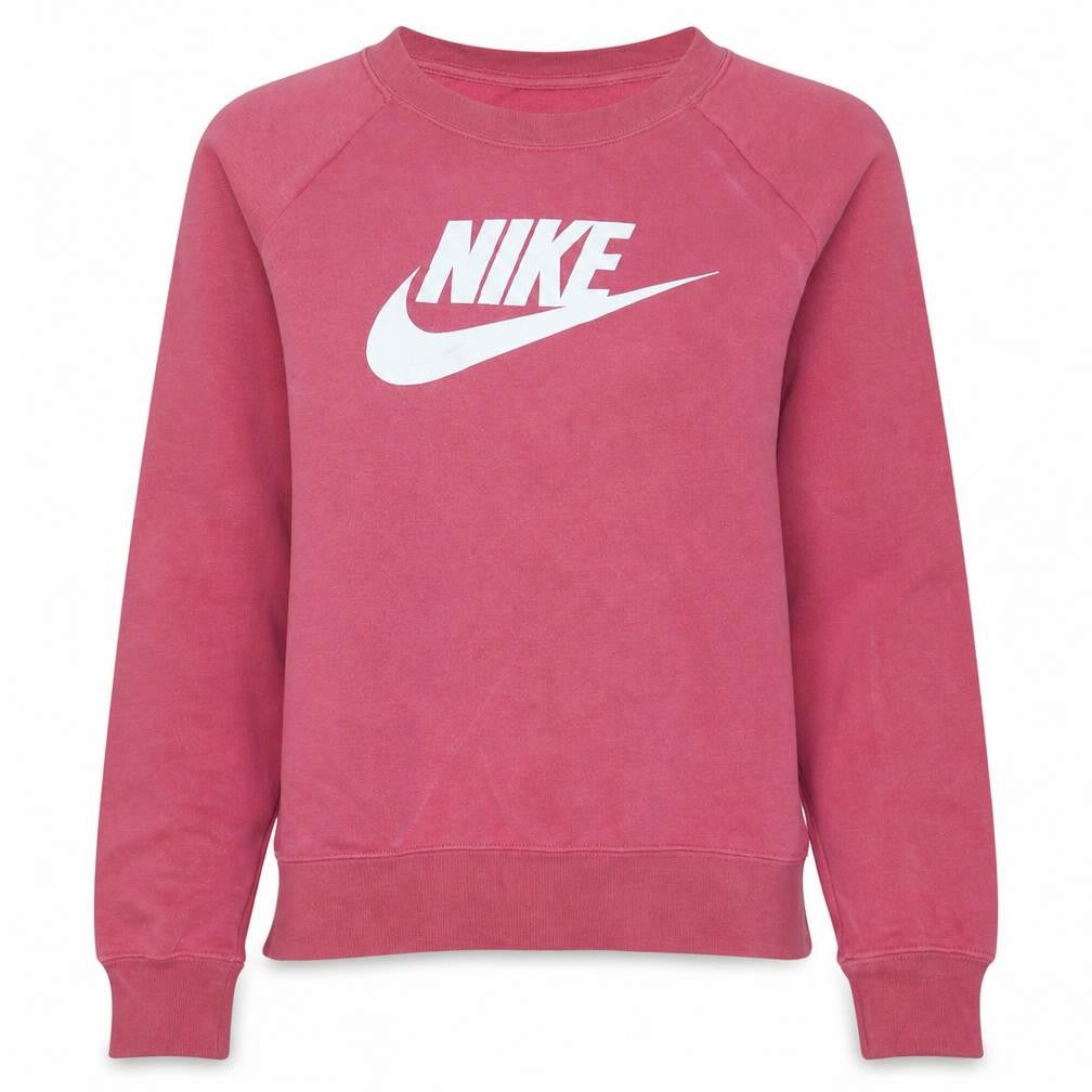 Front view of Nike women’s pink crew neck pullover sweatshirt small logo print