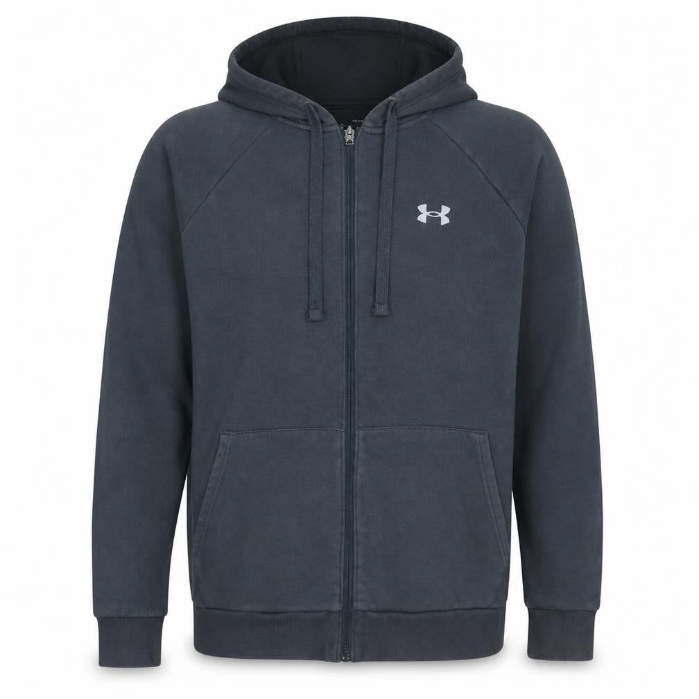 Front view of Under Armour Men's Grey Full Zip Hoodie, size M, Relaxed Fit
