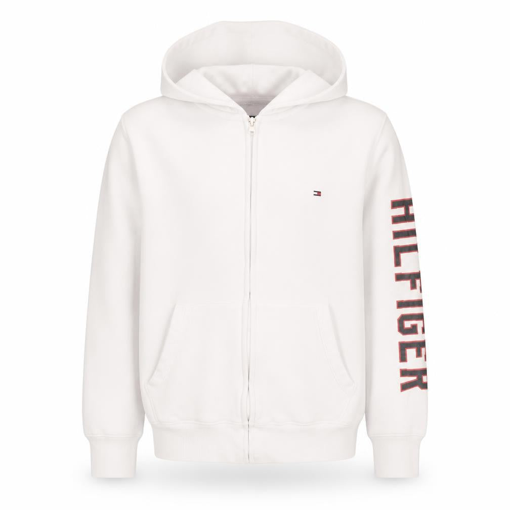 Front view of Tommy Hilfiger Men's White Full Zip Logo Hoodie, size M