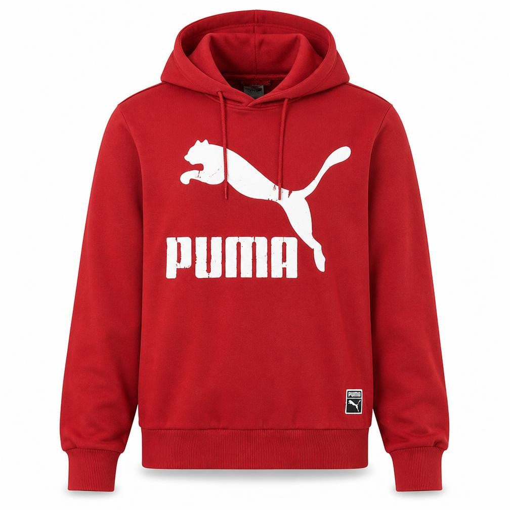 Front view of Puma Men's Red Pullover Hoodie M Logo Graphic Sportswear