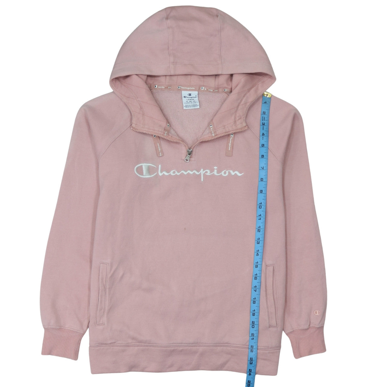 Champion Women's Pink 1/4 Zip Hoodie Large Embroidered Logo Cotton Blend