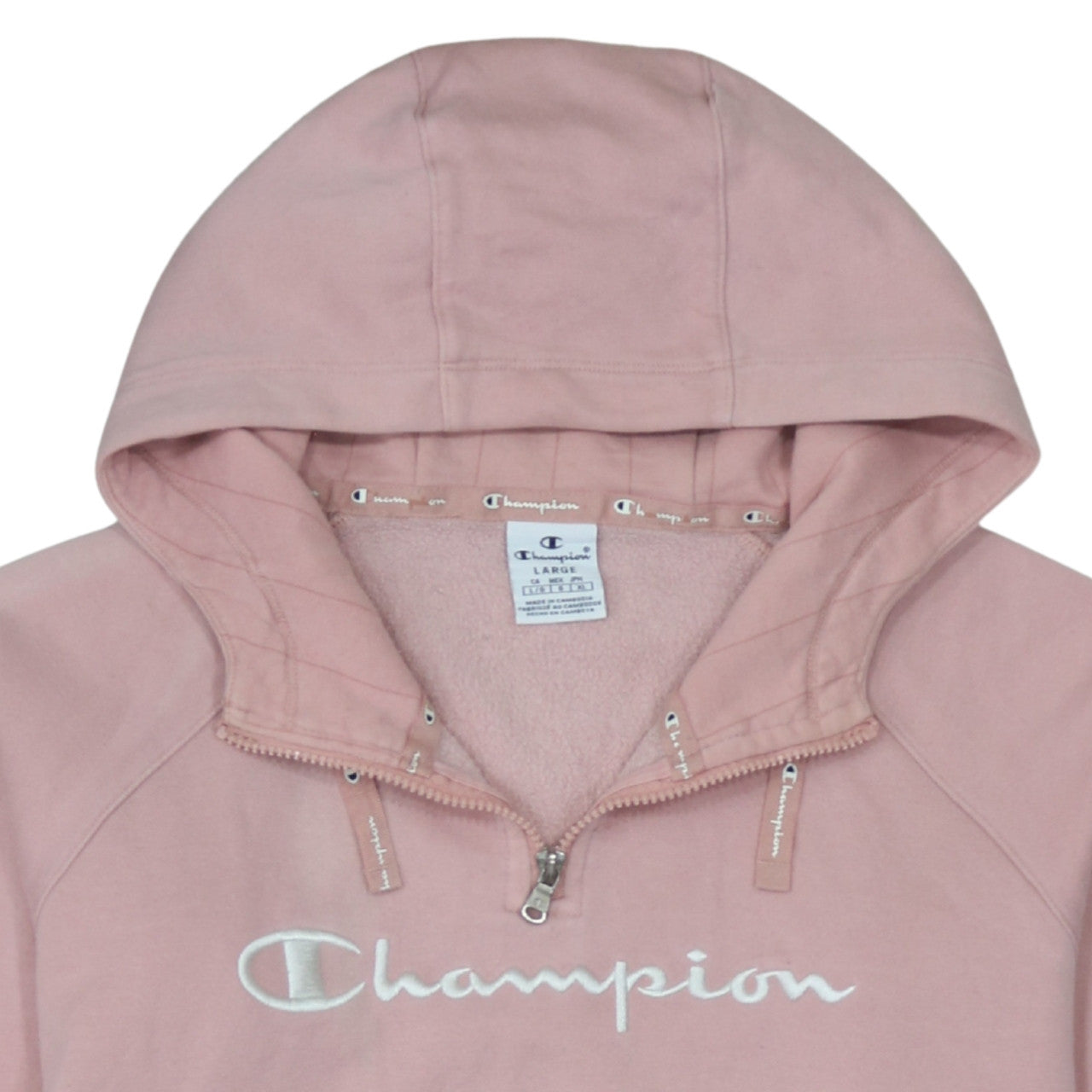 Champion Women's Pink 1/4 Zip Hoodie Large Embroidered Logo Cotton Blend