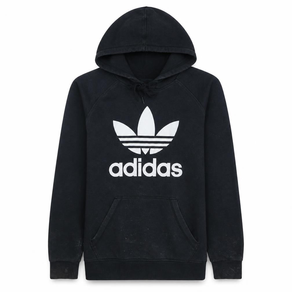 Front view of Adidas Men's Black Pullover Hoodie S Logo Fleece Sweatshirt