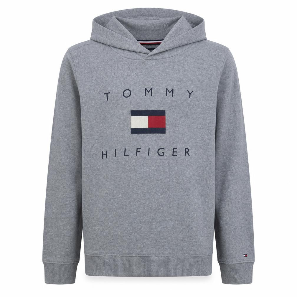 Front view of Tommy Hilfiger boys’ grey pullover hoodie, size 164, logo graphic sweatshirt
