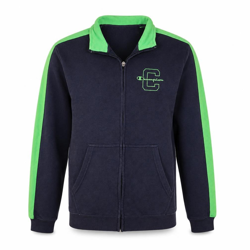 Front view of Champion boys’ navy blue & green xl track jacket full zip activewear